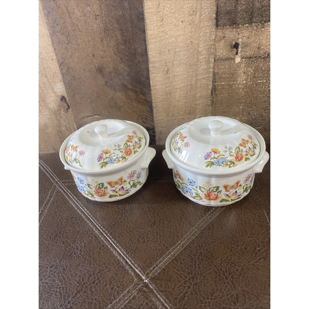 Set of 2 Vintage Aynsley Cottage Garden HyStyle‎ 4" Lidded ramekin Dish 1 Cup